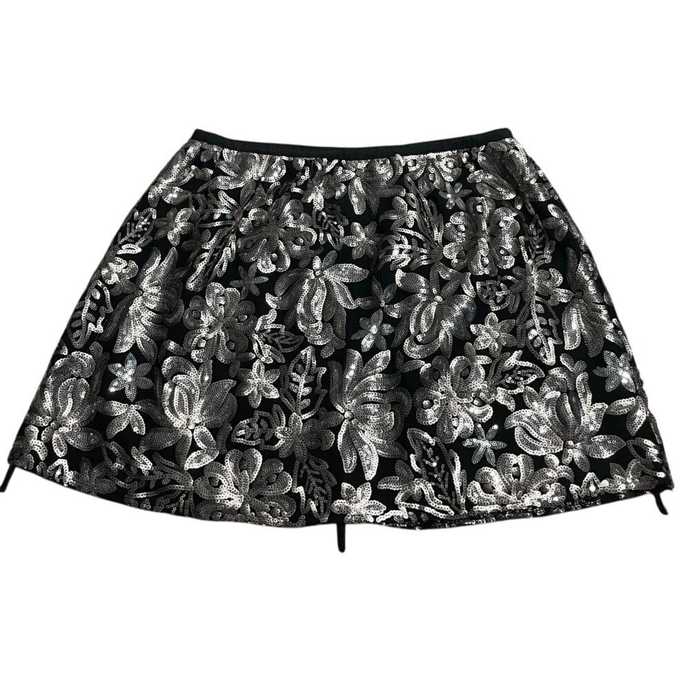 Soieblu Mini Skirt Sequined Lace Womens Size Large Black Silver 7397 Fully Lined